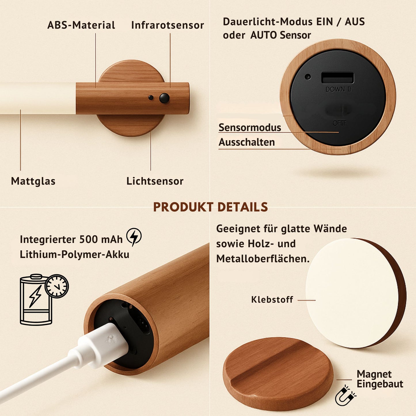Magnetische Lampe in Holzoptik mit Sensor